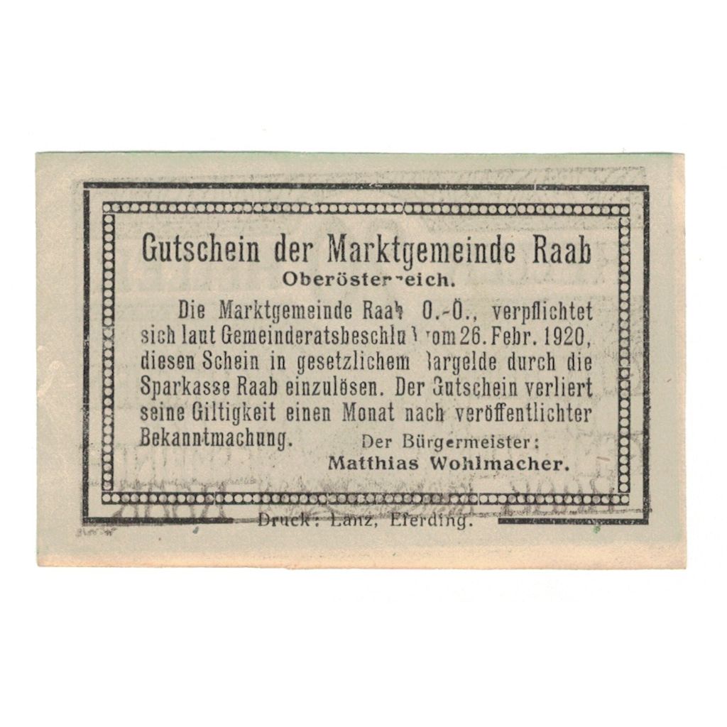 Billet, Autriche, Raab O.Ö. Marktgemeinde, 20 Heller, texte 1, 1920