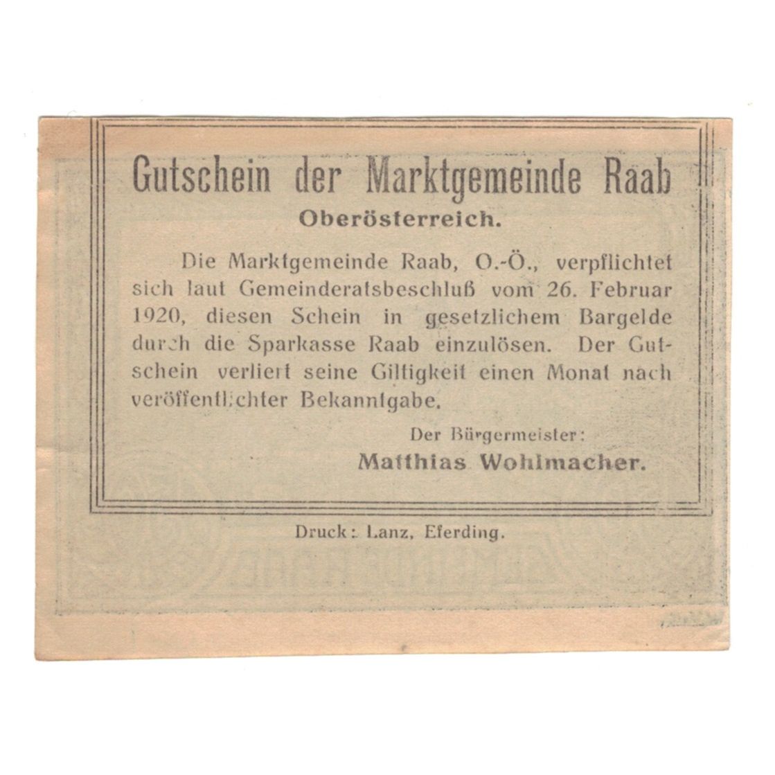 Billet, Autriche, Raab O.Ö. Marktgemeinde, 50 Heller, Texte, 1920, 1920-02-26