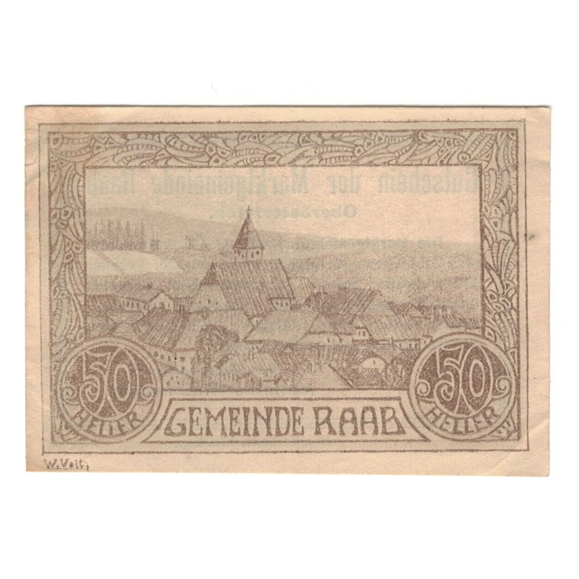 Billet, Autriche, Raab O.Ö. Marktgemeinde, 50 Heller, texte 1, 1920