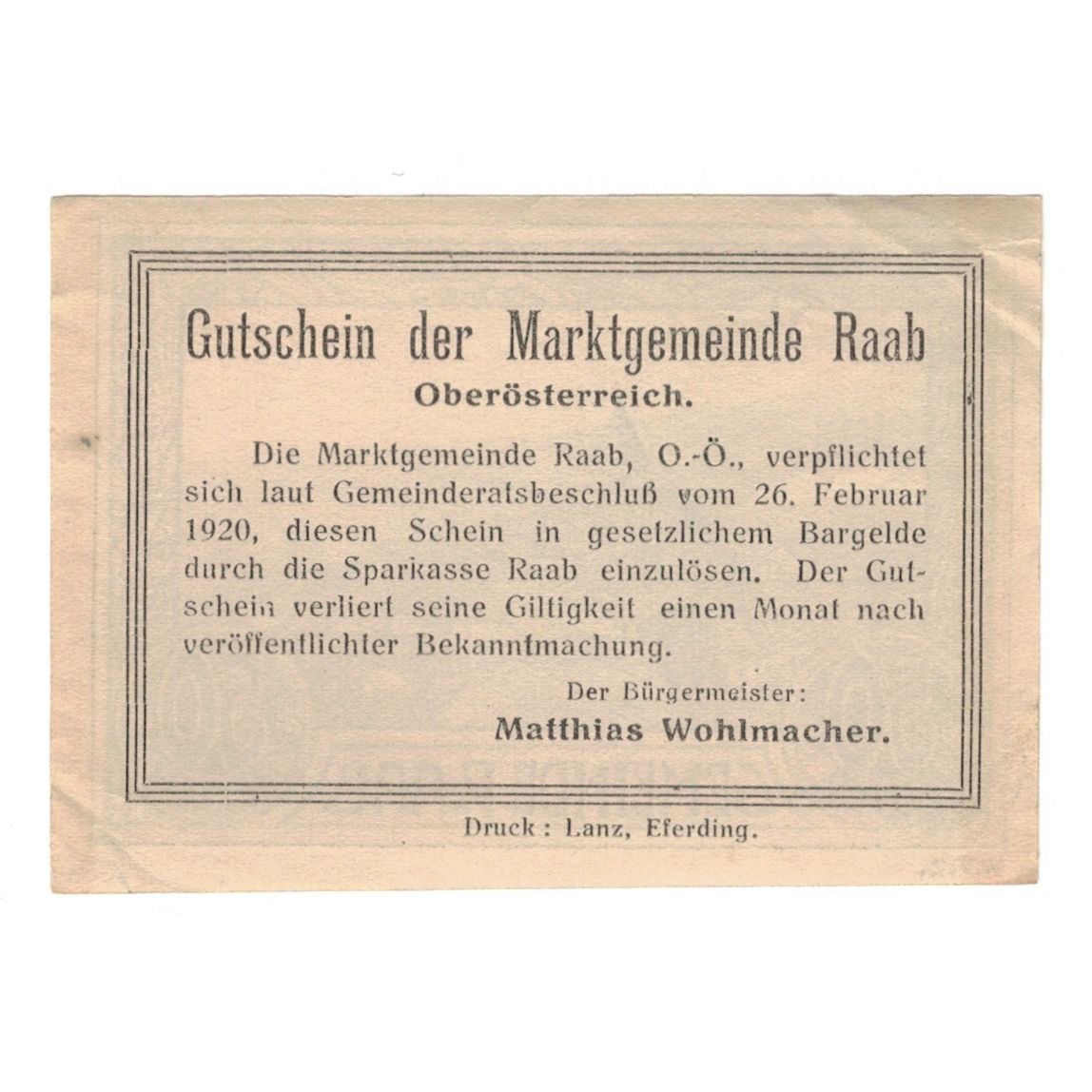 Billet, Autriche, Raab O.Ö. Marktgemeinde, 50 Heller, texte 1, 1920