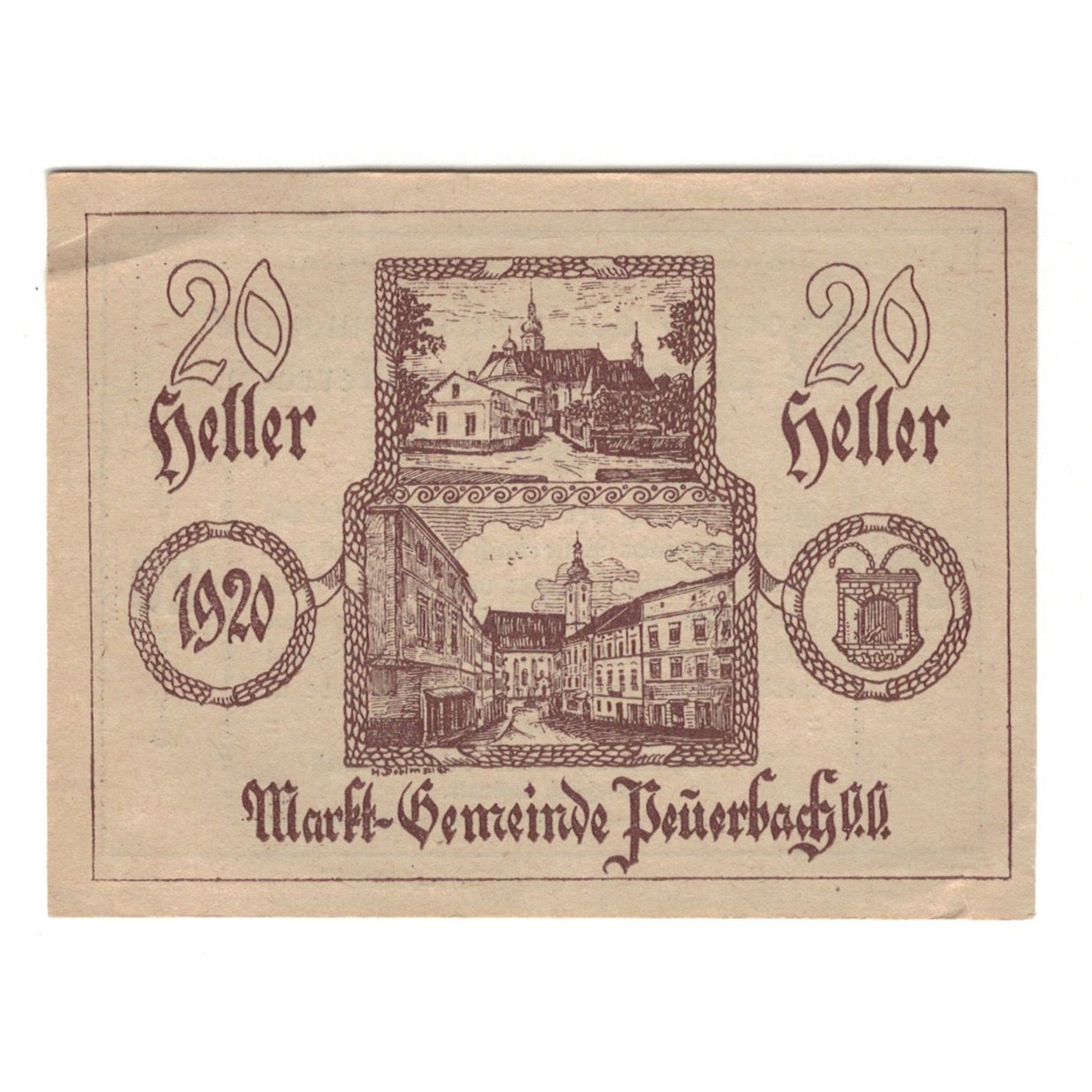 Billet, Autriche, Peuerbach O.Ö. Marktgemeinde, 20 Heller, Texte, 1920