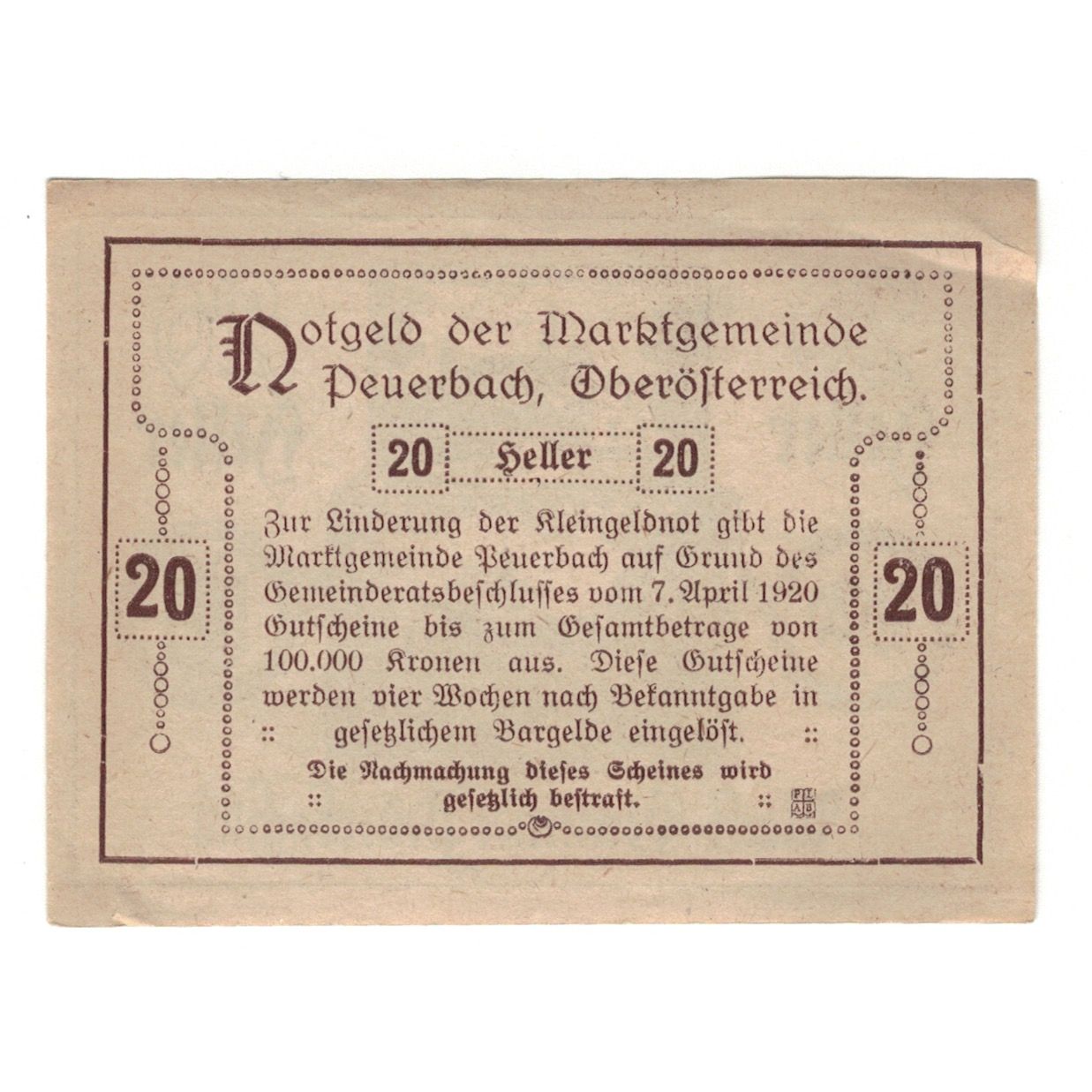 Billet, Autriche, Peuerbach O.Ö. Marktgemeinde, 20 Heller, Texte, 1920