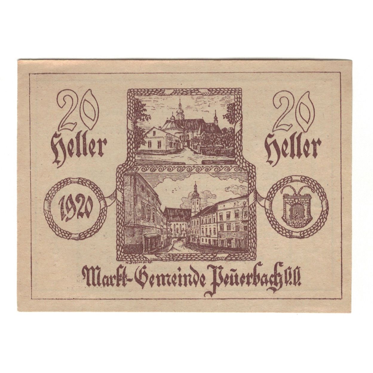 Billet, Autriche, Peuerbach O.Ö. Marktgemeinde, 20 Heller, texte 1, 1920