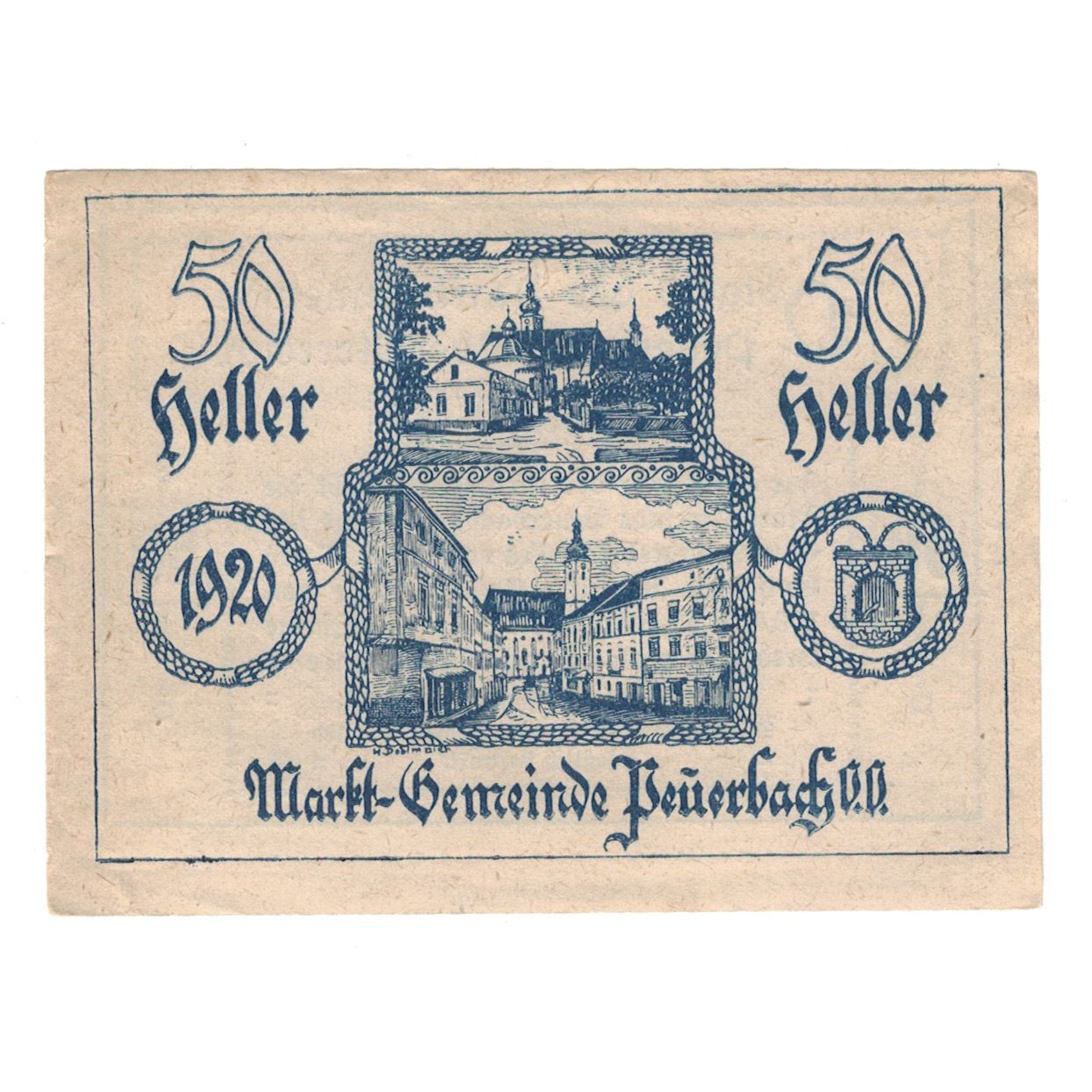 Banknote, Austria, Peuerbach O.Ö. Marktgemeinde, 50 Heller, Texte, 1920
