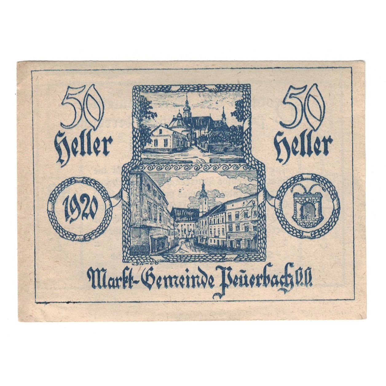 Billet, Autriche, Peuerbach O.Ö. Marktgemeinde, 50 Heller, texte 1, 1920