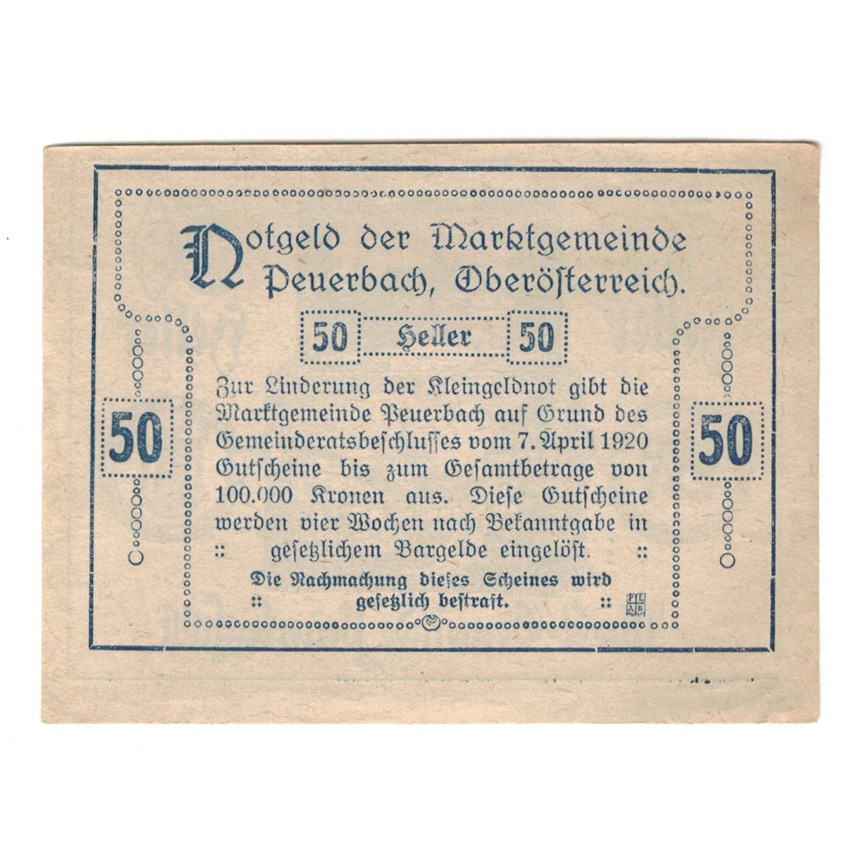 Billet, Autriche, Peuerbach O.Ö. Marktgemeinde, 50 Heller, texte 1, 1920