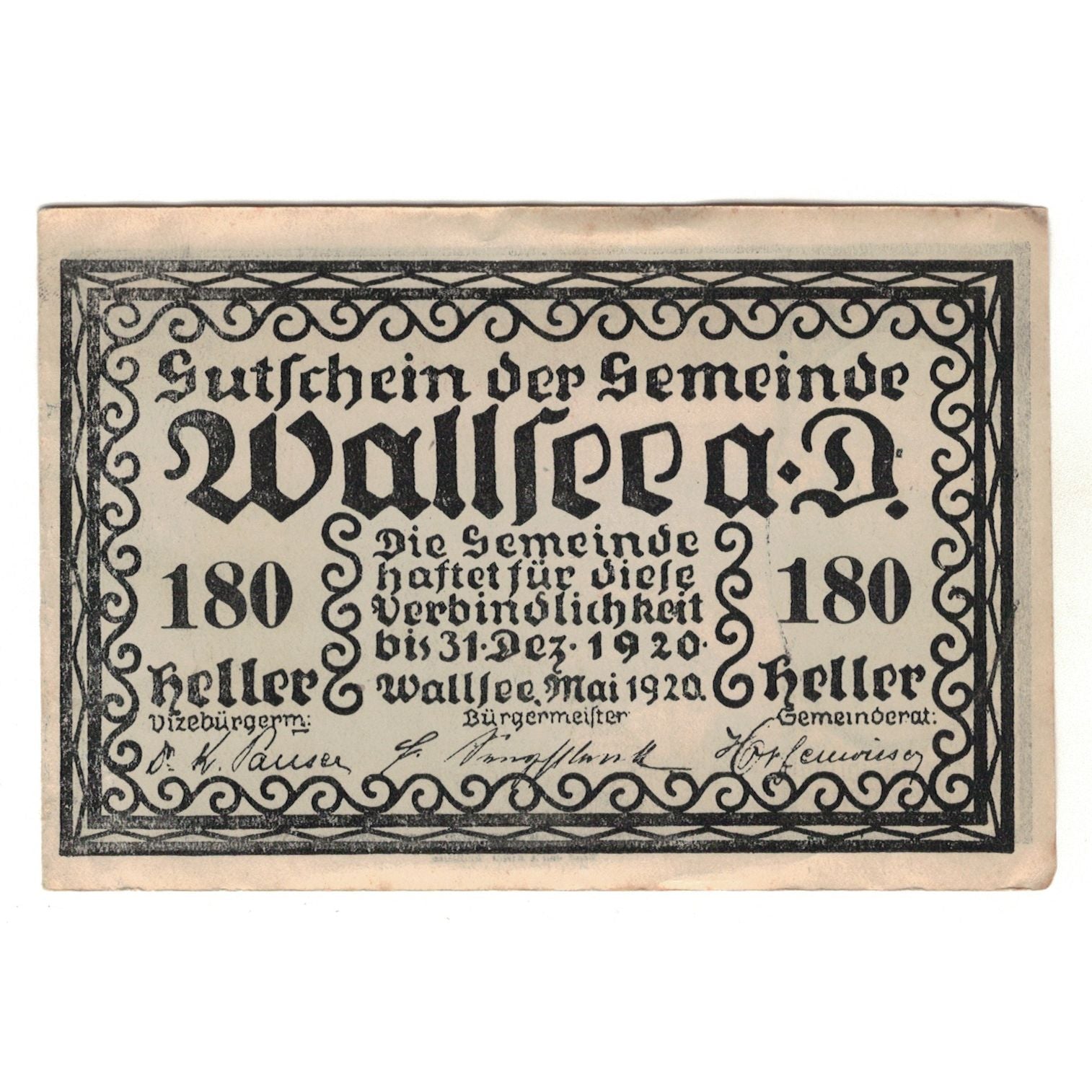Billet, Autriche, Wallsee N.Ö. Gemeinde, 180 Heller, paysage 1, 1920