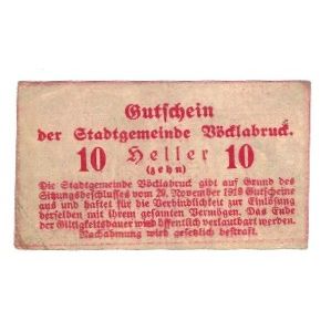 Billete, Austria, Vöcklabruck O.Ö. Stadt, 10 Heller, Texte, 1919, 1919-11-29