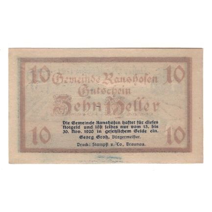 Banknote, Austria, Ranshofen O.Ö. Gemeinde, 10 Heller, paysage, 1920