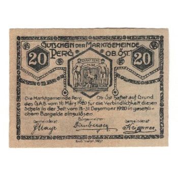 Billete, Austria, Perg O.Ö. Marktgemeinde, 20 Heller, personnage, 1920