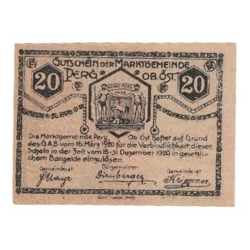 Nota, Áustria, Perg O.Ö. Marktgemeinde, 20 Heller, personnage 1, 1920