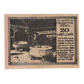 Nota, Áustria, Perg O.Ö. Marktgemeinde, 20 Heller, personnage 1, 1920