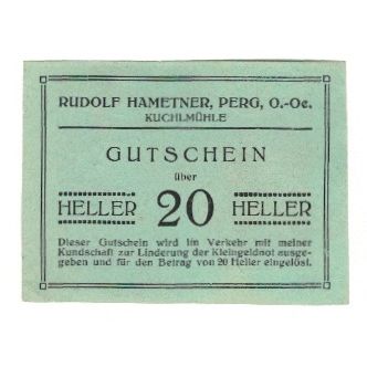 Billete, Austria, Perg, OÖ., Rudolf Hametner, Kuchlmühle, 20 Heller, paysage