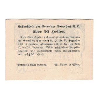 Billet, Autriche, Payerbach N.Ö. Gemeinde, 10 Heller, Texte, 1920, 1920-12-31