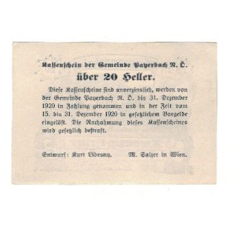 Billet, Autriche, Payerbach N.Ö. Gemeinde, 20 Heller, Texte, 1920, 1920-12-31