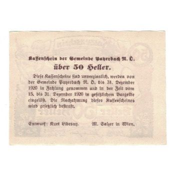 Billet, Autriche, Payerbach N.Ö. Gemeinde, 50 Heller, Texte, 1920, 1920-12-31
