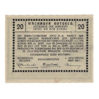 Billete, Austria, Wachauer Notgeld Emmersdorf N.Ö. Gemeinde, 20 Heller, Texte