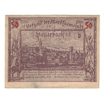 Billet, Autriche, Peuerbach O.Ö. Marktgemeinde, 50 Heller, Texte, 1920