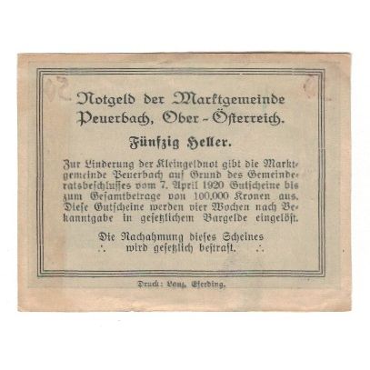 Billet, Autriche, Peuerbach O.Ö. Marktgemeinde, 50 Heller, Texte, 1920