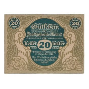 Billet, Autriche, Melk N.Ö. Stadtgemeinde, 20 Heller, Batiment, 1920