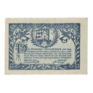 Billet, Autriche, Mauerkirchen O.Ö. Gemeinde, 20 Heller, Texte, 1920