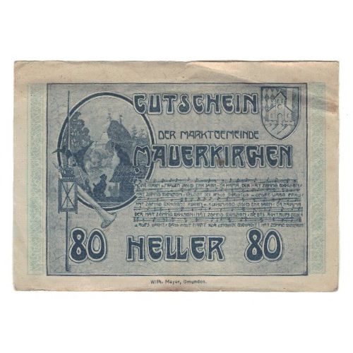 Billet, Autriche, Mauerkirchen O.Ö. Gemeinde, 80 Heller, Texte, 1920