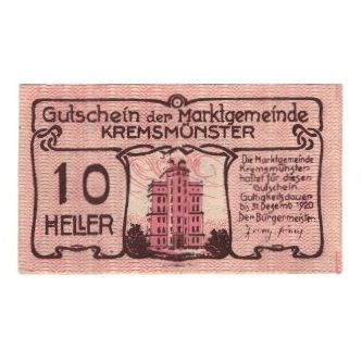 Billet, Autriche, Kremsmünster O.Ö. Marktgemeinde, 10 Heller, cochon, 1920