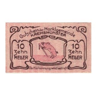 Billet, Autriche, Kremsmünster O.Ö. Marktgemeinde, 10 Heller, cochon, 1920