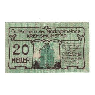 Billet, Autriche, Kremsmünster O.Ö. Marktgemeinde, 20 Heller, Cochon 1, 1920