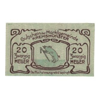 Billet, Autriche, Kremsmünster O.Ö. Marktgemeinde, 20 Heller, Cochon 1, 1920