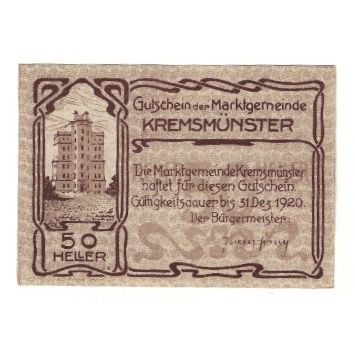 Billet, Autriche, Kremsmünster O.Ö. Marktgemeinde, 50 Heller, Cochon 1, 1920