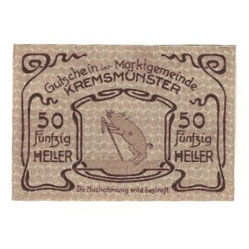 Billet, Autriche, Kremsmünster O.Ö. Marktgemeinde, 50 Heller, Cochon 1, 1920