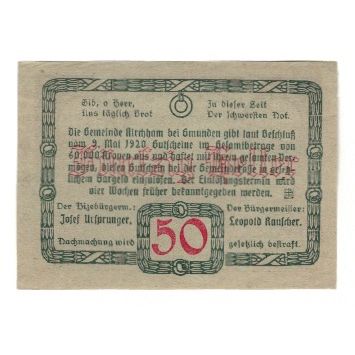 Billet, Autriche, Kirchham O.Ö. Marktgemeinde, 50 Heller, Texte, 1920