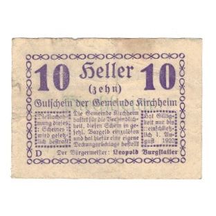 Billet, Autriche, Kirchheim O.Ö. Gemeinde, 10 Heller, Texte, 1920, 1920-08-01