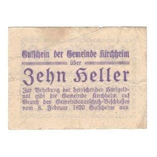 Billet, Autriche, Kirchheim O.Ö. Gemeinde, 10 Heller, Texte, 1920, 1920-08-01