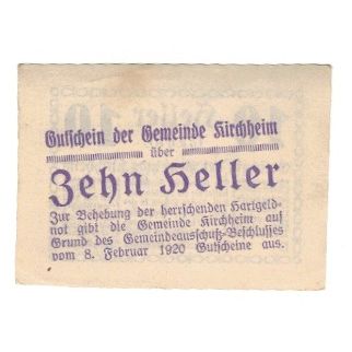 Billet, Autriche, Kirchheim O.Ö. Gemeinde, 10 Heller, texte 1, 1920