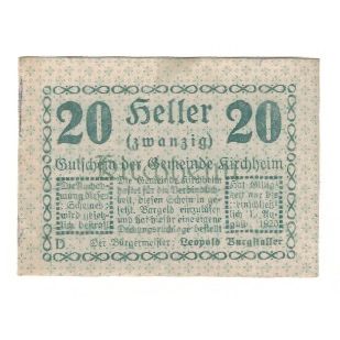 Billet, Autriche, Kirchheim O.Ö. Gemeinde, 20 Heller, Texte, 1920, 1920-08-01