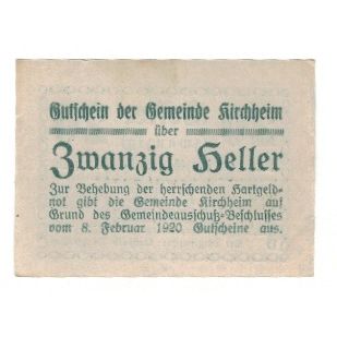 Billet, Autriche, Kirchheim O.Ö. Gemeinde, 20 Heller, Texte, 1920, 1920-08-01