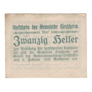 Billet, Autriche, Kirchheim O.Ö. Gemeinde, 20 Heller, texte 1, 1920