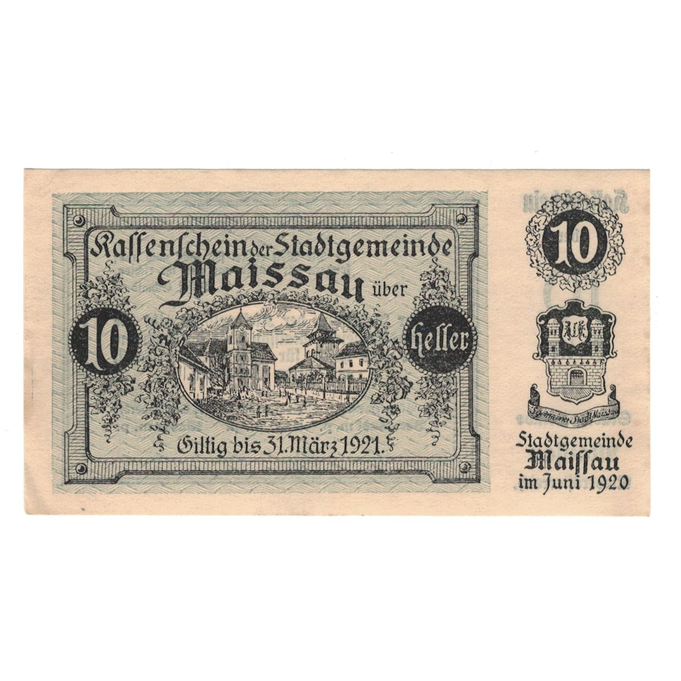 Billet, Autriche, Maissau N.Ö. Stadtgemeinde, 10 Heller, Texte, 1921