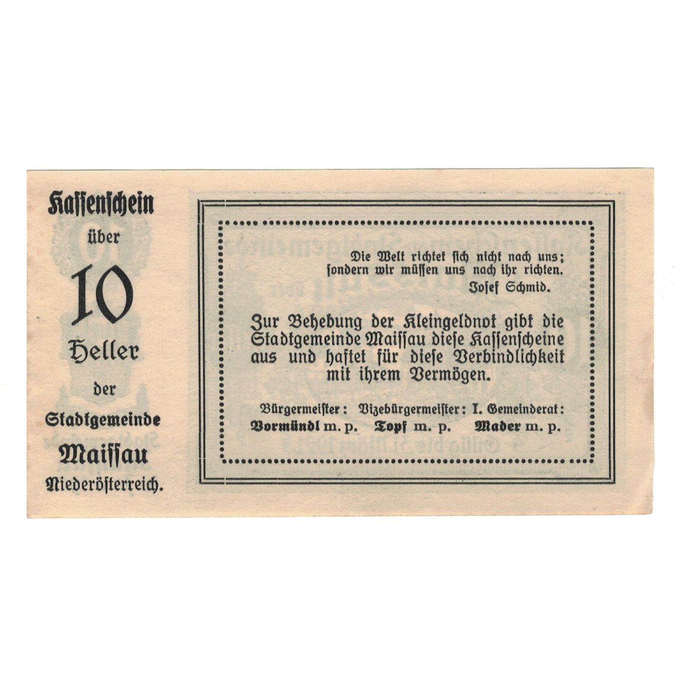 Billet, Autriche, Maissau N.Ö. Stadtgemeinde, 10 Heller, Texte, 1921