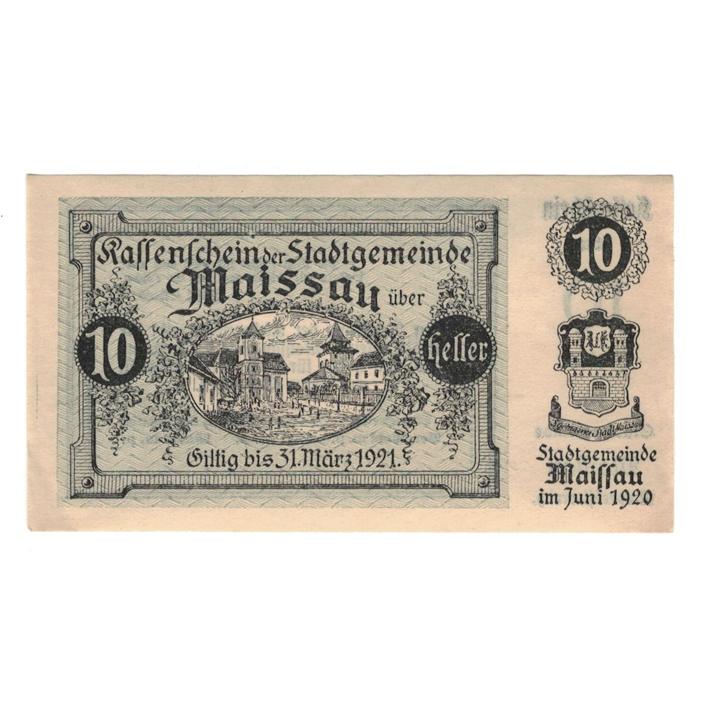 Billet, Autriche, Maissau N.Ö. Stadtgemeinde, 10 Heller, texte 1, 1921