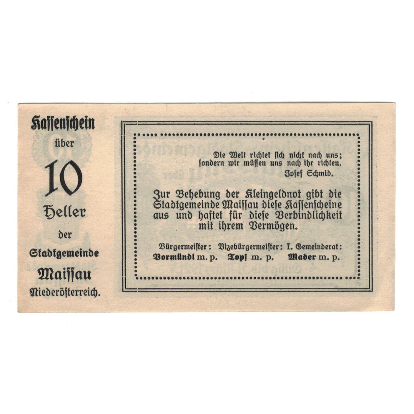 Billet, Autriche, Maissau N.Ö. Stadtgemeinde, 10 Heller, texte 1, 1921
