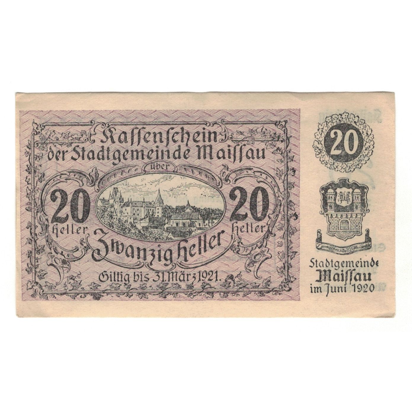 Geldschein, Österreich, Maissau N.Ö. Stadtgemeinde, 20 Heller, Texte, 1921