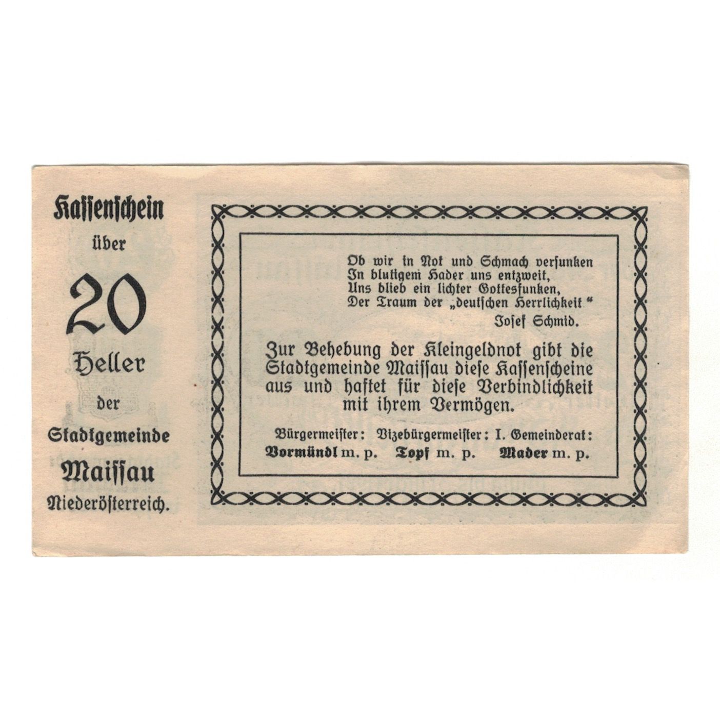 Geldschein, Österreich, Maissau N.Ö. Stadtgemeinde, 20 Heller, Texte, 1921