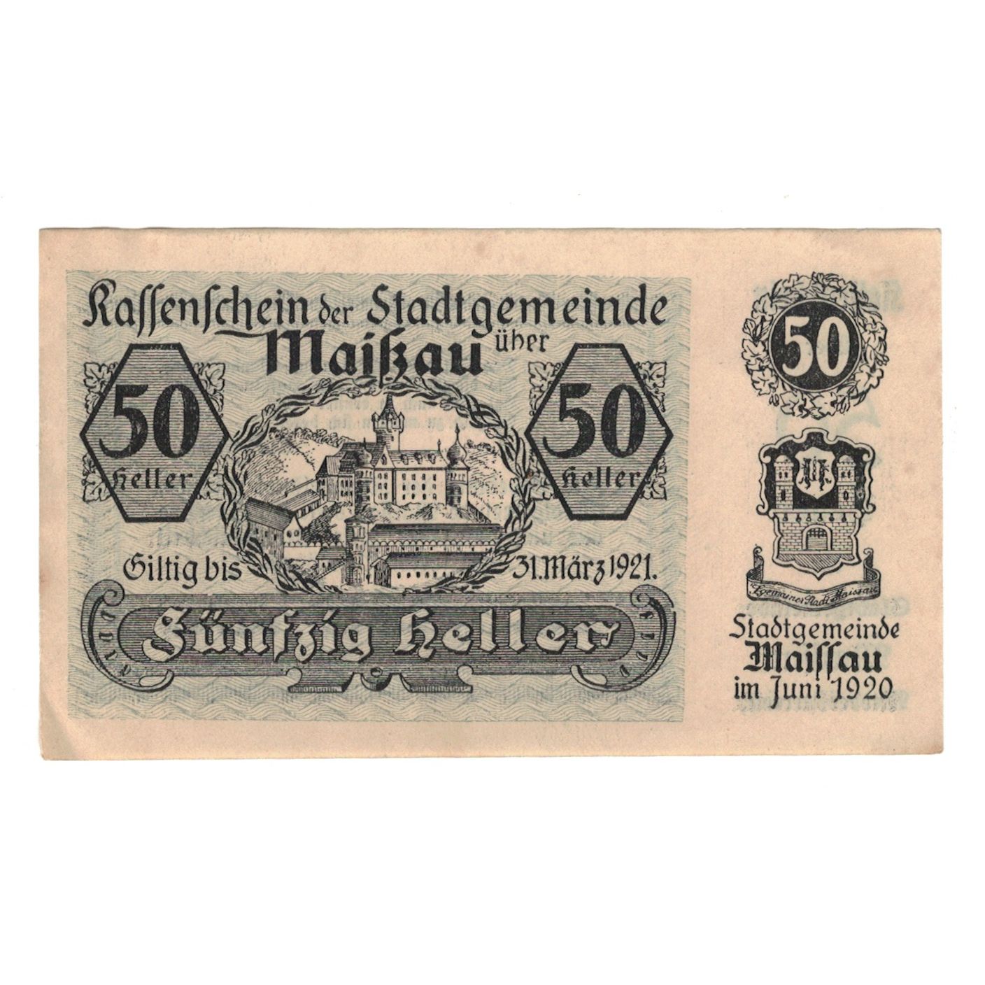 Billet, Autriche, Maissau N.Ö. Stadtgemeinde, 50 Heller, Texte, 1921