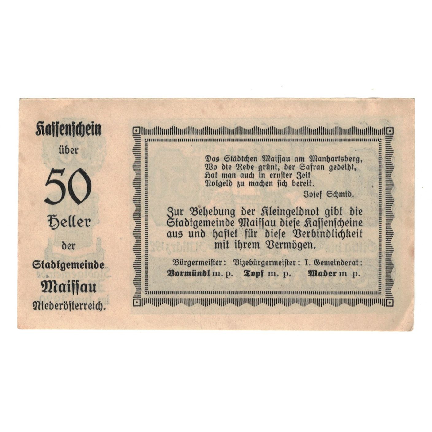 Billet, Autriche, Maissau N.Ö. Stadtgemeinde, 50 Heller, Texte, 1921