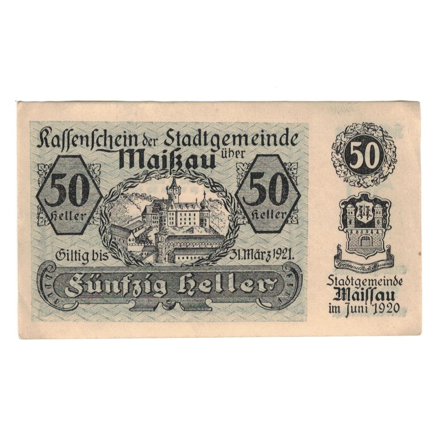 Billet, Autriche, Maissau N.Ö. Stadtgemeinde, 50 Heller, texte 1, 1921