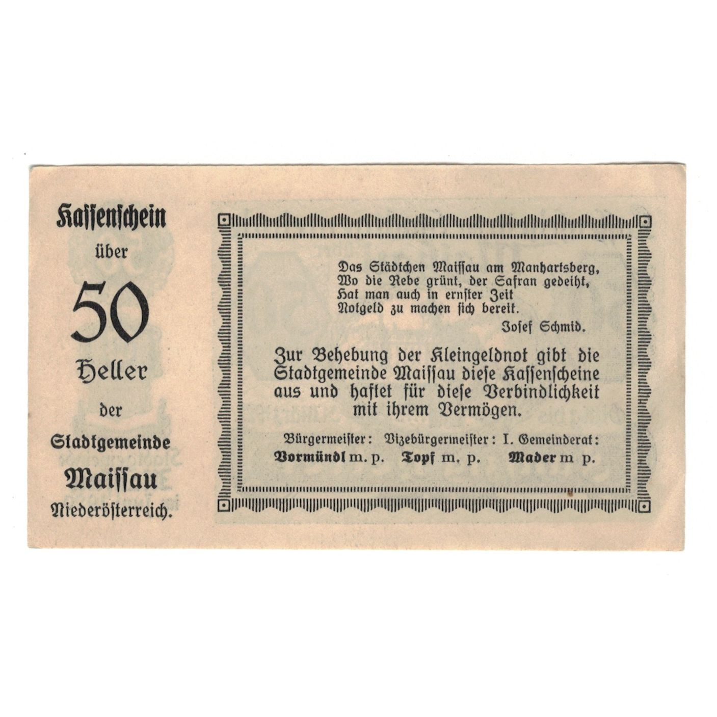 Billet, Autriche, Maissau N.Ö. Stadtgemeinde, 50 Heller, texte 1, 1921