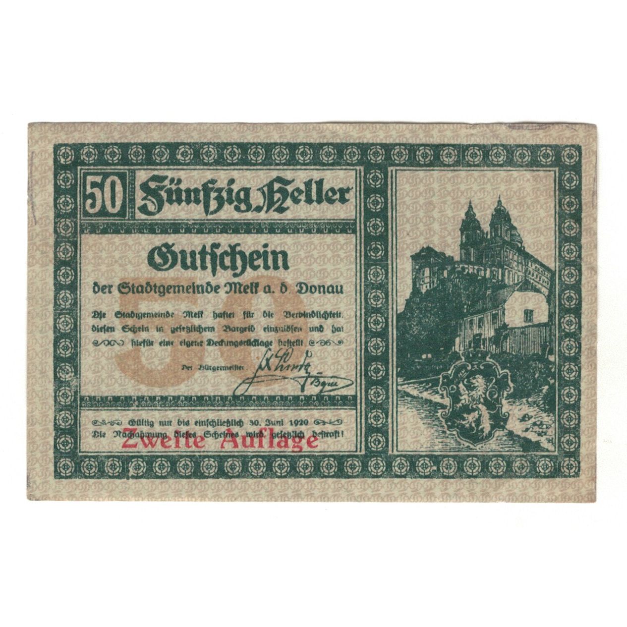 Billet, Autriche, Melk N.Ö. Stadtgemeinde, 50 Heller, N.D, 1920, 1920-06-30